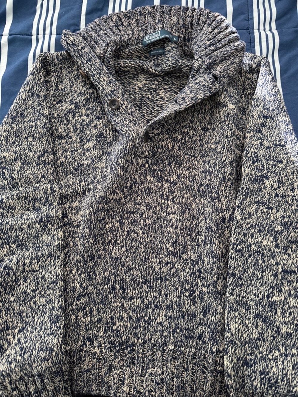 Polo by Ralph Lauren Navy and Cream Shawl-Collar Knit Cardigan